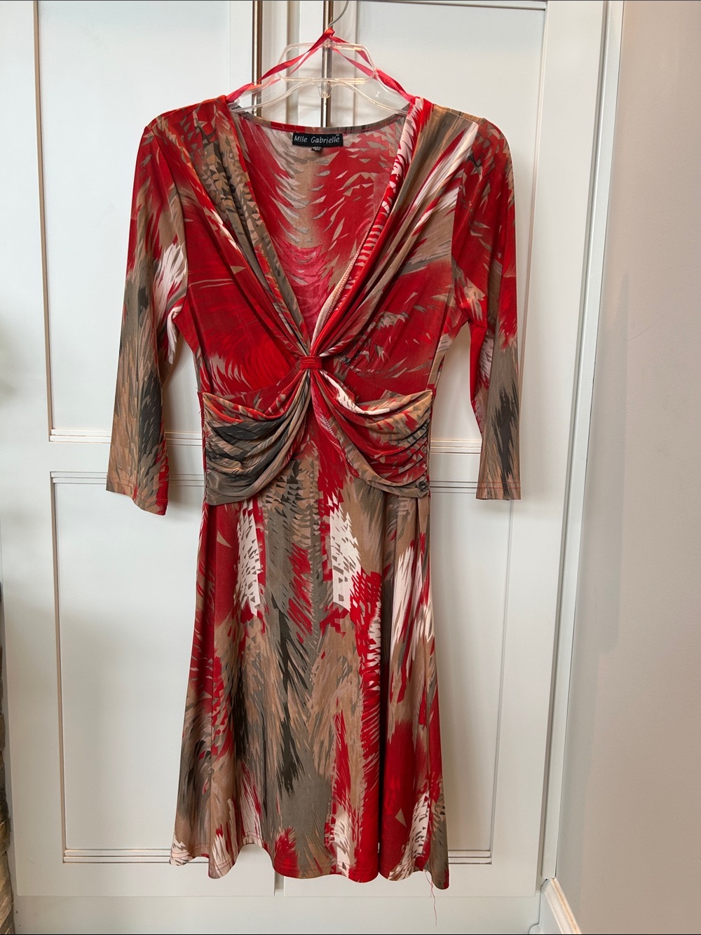 Mlle Gabrielle Red and Taupe Twist-Front V-Neck Long Sleeve Dress